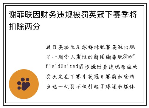 谢菲联因财务违规被罚英冠下赛季将扣除两分 谢菲联因财务违规被罚英冠下赛季将扣除两分